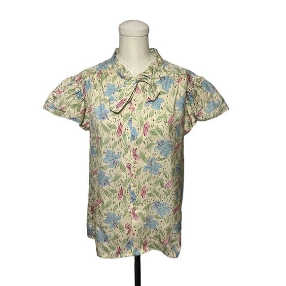 Vintage Tops - 70s 80s Prospectus Cream Floral Print Top Medium Pussybow Ruffle Tiered Sleeves